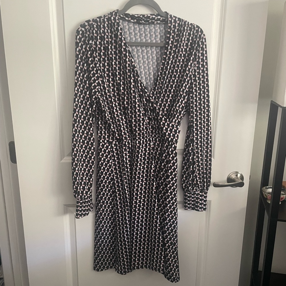 Adrianna Papell green pink geometric print v neck faux wrap dress